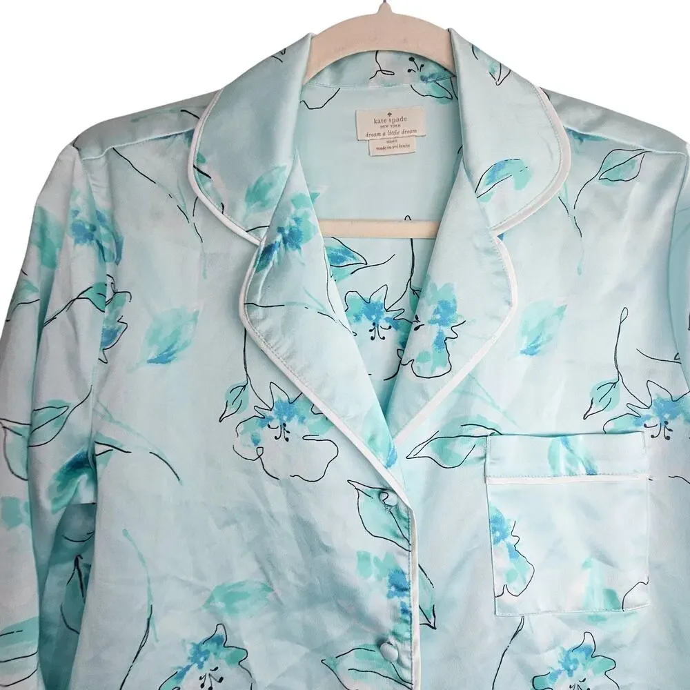 Kate Spade Womens Floral 2pc Pajama Set Size S Sleepwear Loungewear Satin Blue